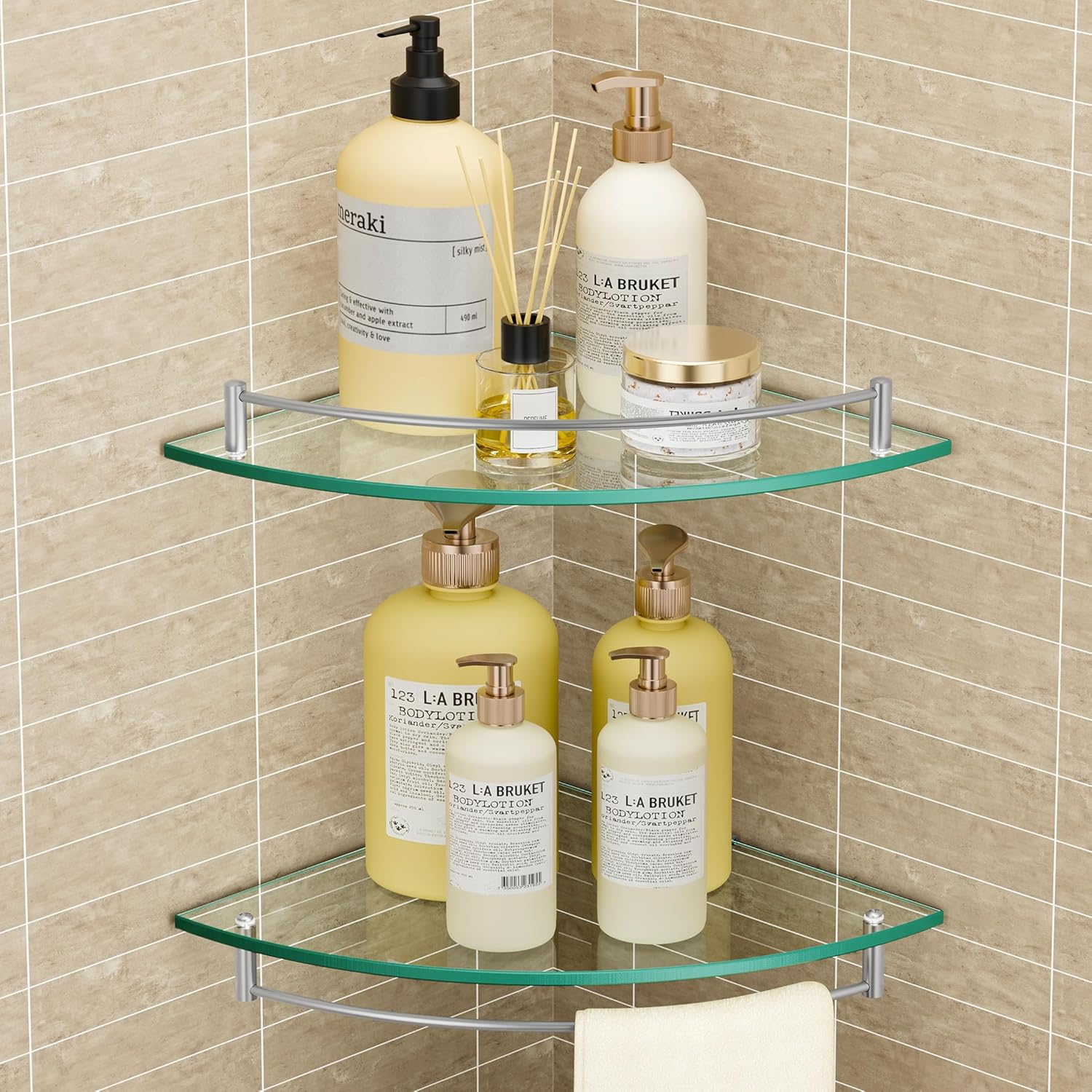 KES Glass Corner Shelf for Bathroom Corner Shelf 2 Pack Tempered Glass Shelf with Rail SUS 304