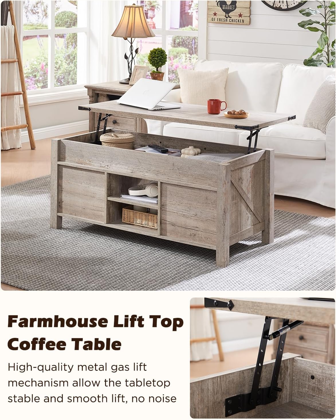 OKD 48" Farmhouse Lift Top Coffee Table with Sliding Barn Door, Rustic Center Table w/Hidden