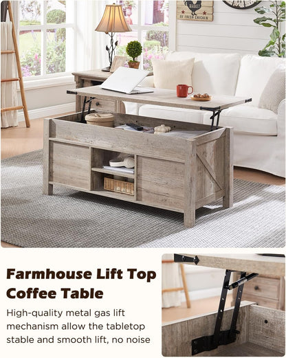 OKD 48" Farmhouse Lift Top Coffee Table with Sliding Barn Door, Rustic Center Table w/Hidden