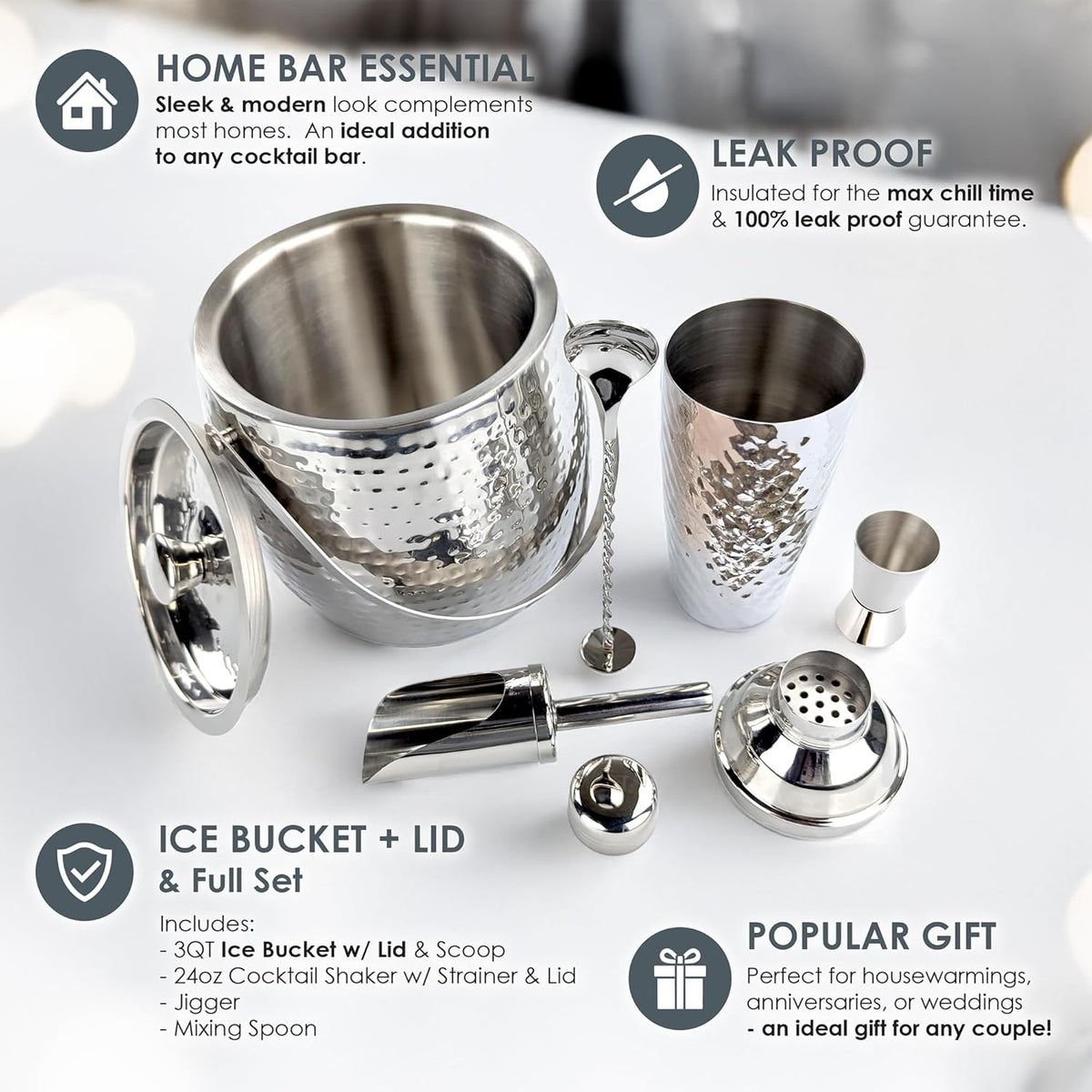 BREKX Insulated Ice Bucket for Cocktail Bar with Drink Shaker 5-Piece Cocktail Set for Parties with