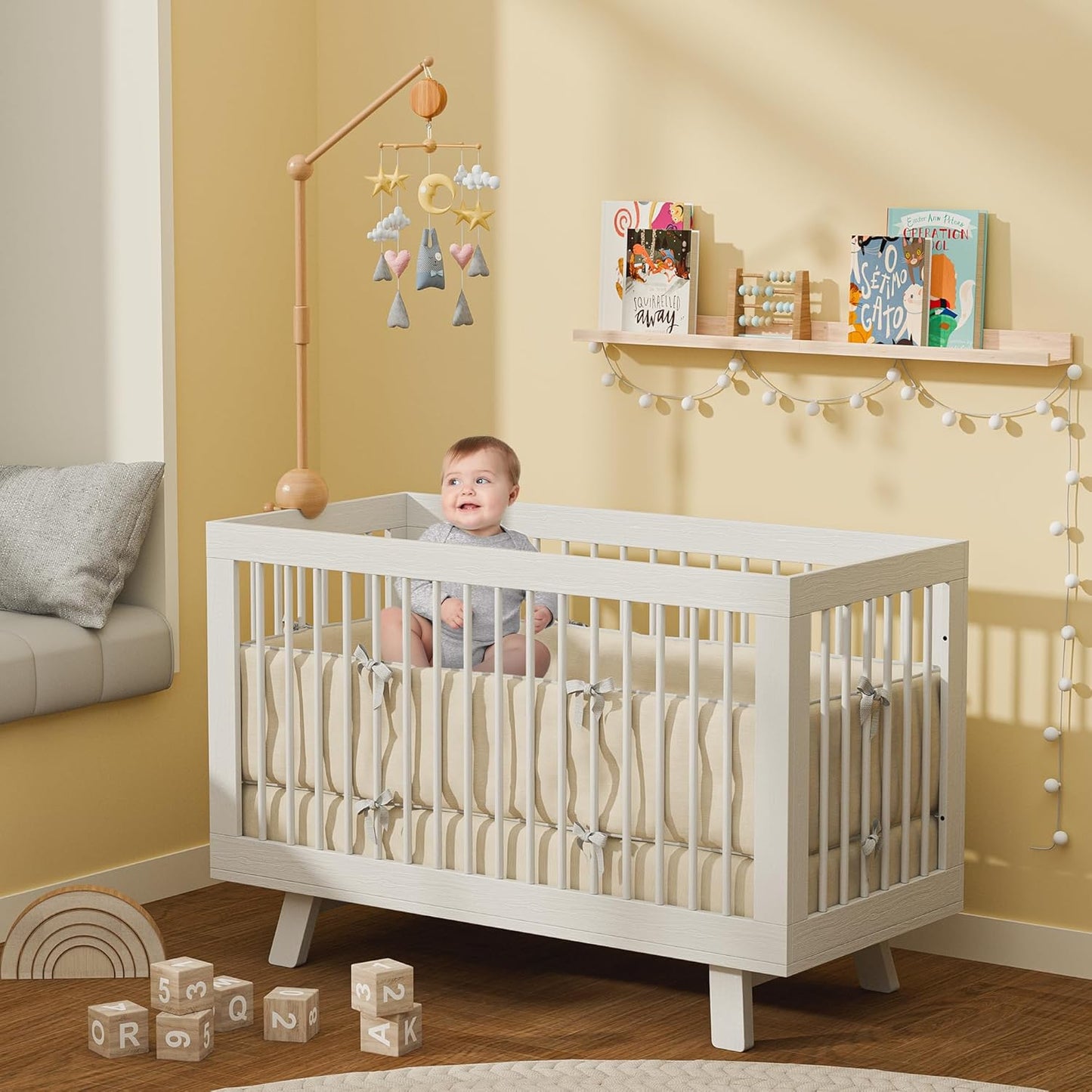 Crib Mobile Arm with Music Box,32.5 Inch Crib Mobile Stand,Wooden Mobile Arm for Crib (2