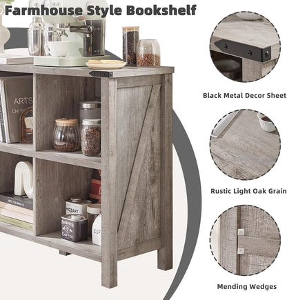 Farmhouse 6 Cube Bookshelf, Rustic Grey Oak Wooden Storage Organizer Book Shelf, 47 Inch Cubby