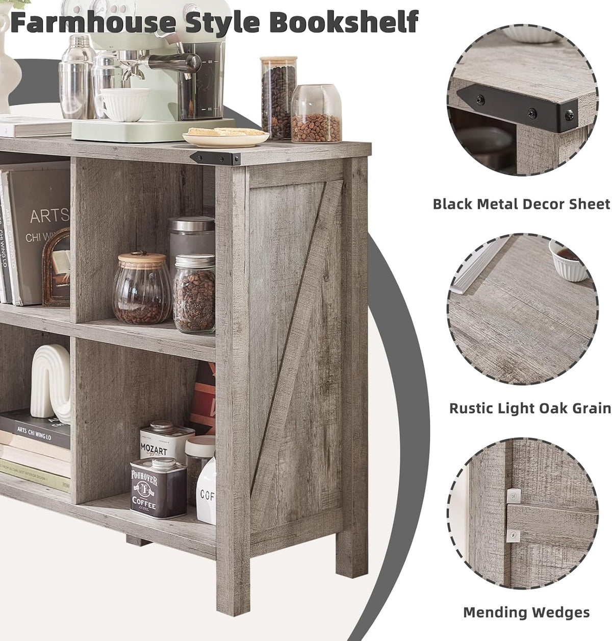 8 Cube Book Shelf, Farmhouse Wood Long Storage Organizer Bookcase, 62" Horizontal Grey Oak Console