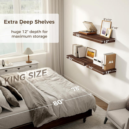 12 Inch Deep Floating Shelves, 24 x 12 Floating Shelf for Books, Rustic Wood Deep Wall Shelves for