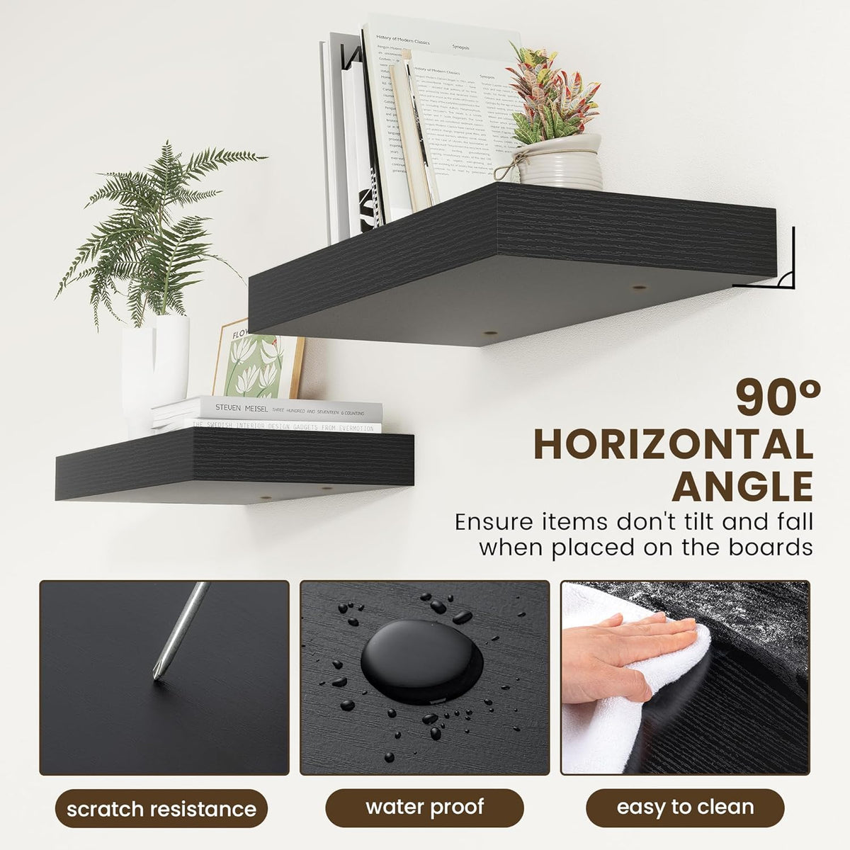 Deep Floating Shelves for Wall | 24 Inch Wide x 12 Inch Deep Black Floating Shelves | 24W x 12D