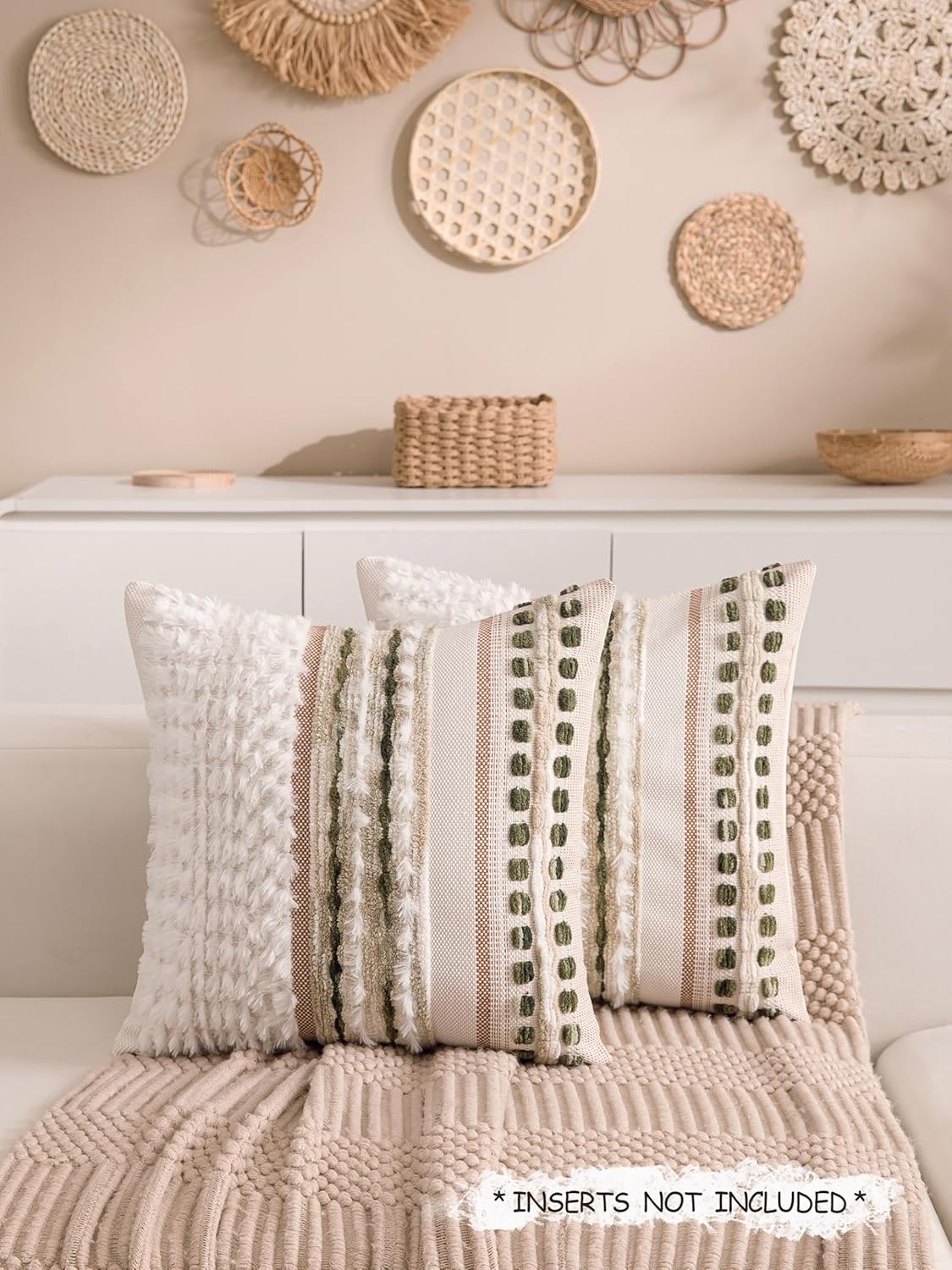 Boho Chenille Tufted Couch Throw Pillow Covers 18x18 Inch Set of 2 Farmhouse Striped Decorative
