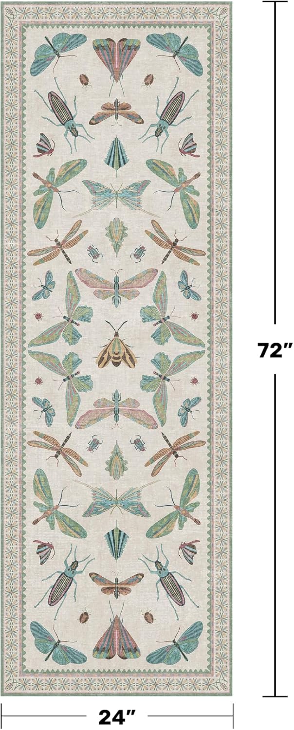 Boho Bathroom Runners - 2x6 Blue and Green Rug for Kitchen, Entry Way, Non Slip Washable Butterfly