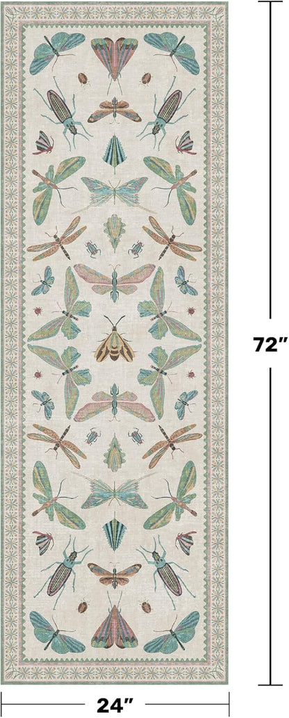 Boho Bathroom Runners - 2x6 Blue and Green Rug for Kitchen, Entry Way, Non Slip Washable Butterfly