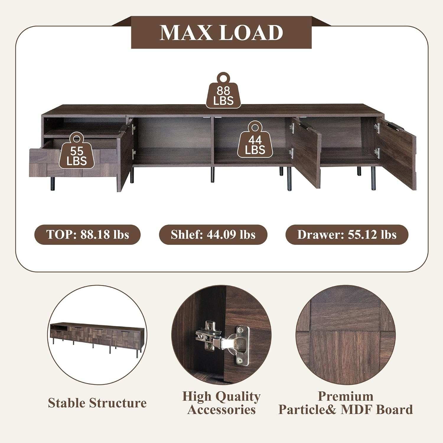Modern TV Stand for TVs up to 85", Mid-Century Media Console with Checkered Cabinet Doors, Storage