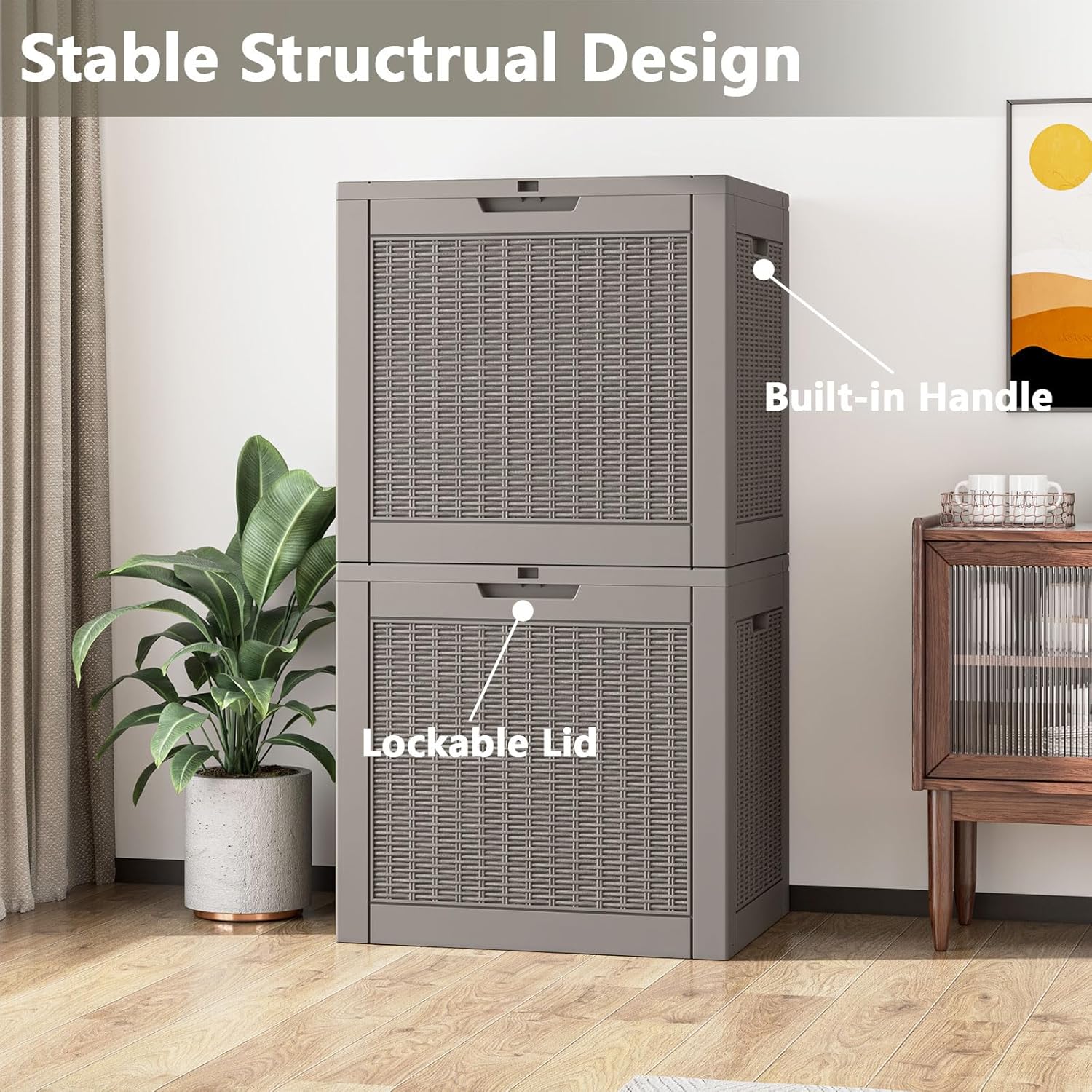 NUNU LAB 30 Gallon Waterproof Resin Deck Box, Lockable Outdoor & Indoor Storage Bench for Patio
