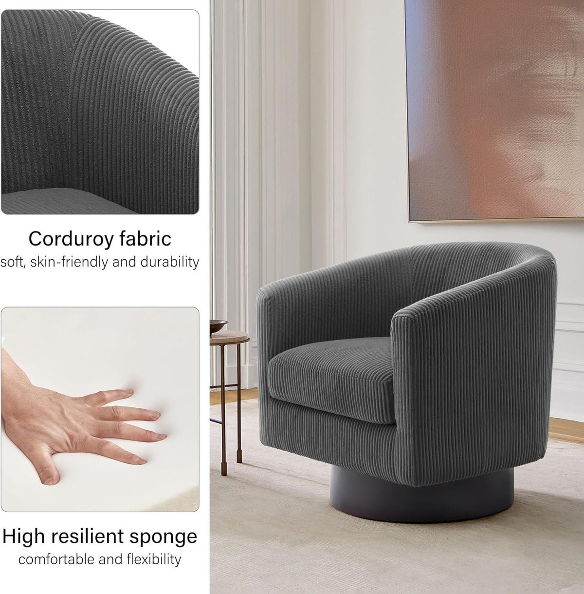 Swivel Barrel Accent Chair, Modern Round Corduroy Fabric Arm Chair for Living Room, Bedroom, Comfy