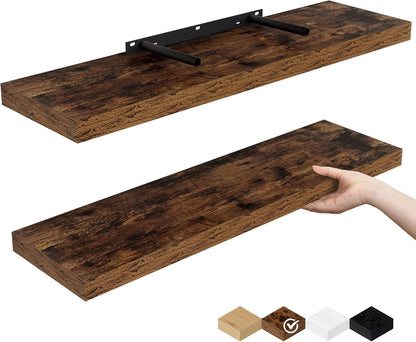 Fun Memories Floating Shelves for Wall, 24" Rustic Wood Deep Wall Mounted Shelves with Invisible