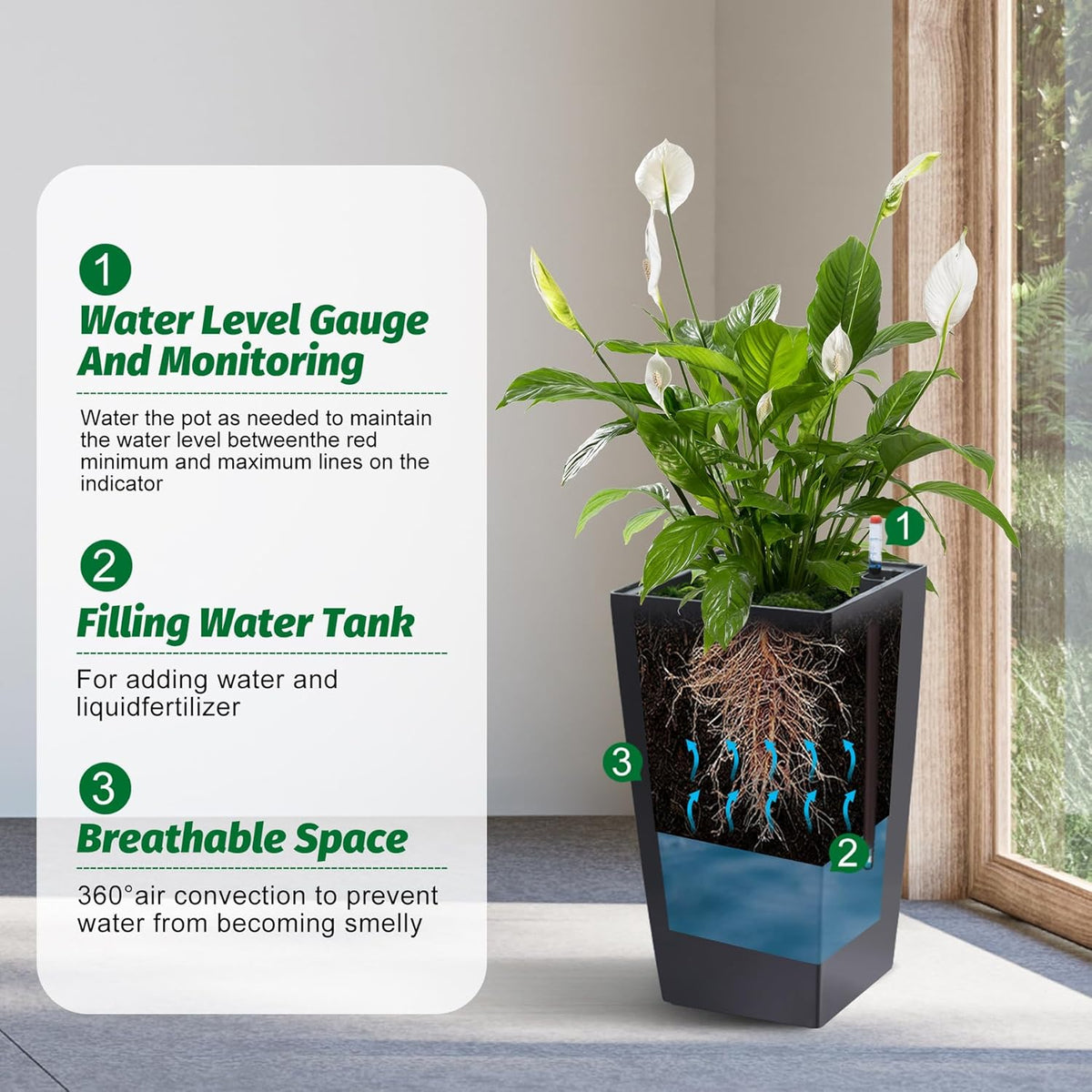 16" Tall Planters Set of 2, Outdoor＆Indoor Black Planter Pots, High Front Porch Planter Pots with