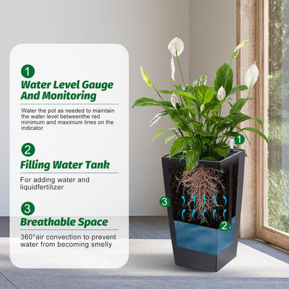 16" Tall Planters Set of 2, Outdoor＆Indoor Black Planter Pots, High Front Porch Planter Pots with