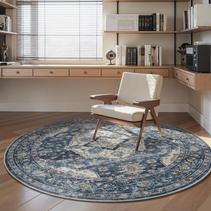 AMOAMI-6FT Round Rug-Rugs for Living Room-Vintage Soft Blue Rugs for Bedroom-Non Slip Circle