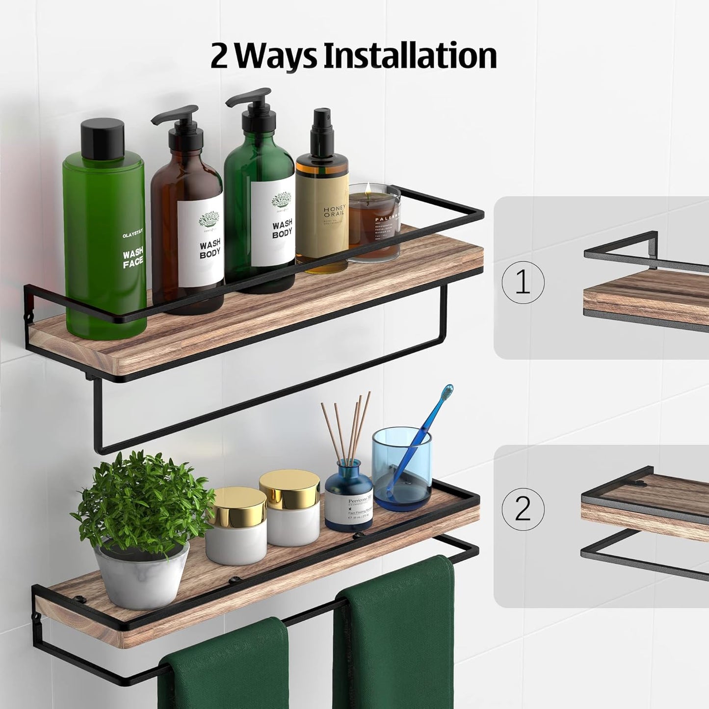 Meangood Floating Shelves Wall Mounted Set of 2, Wall Shelf with Towel Bar Rustic Wood Wall Storage