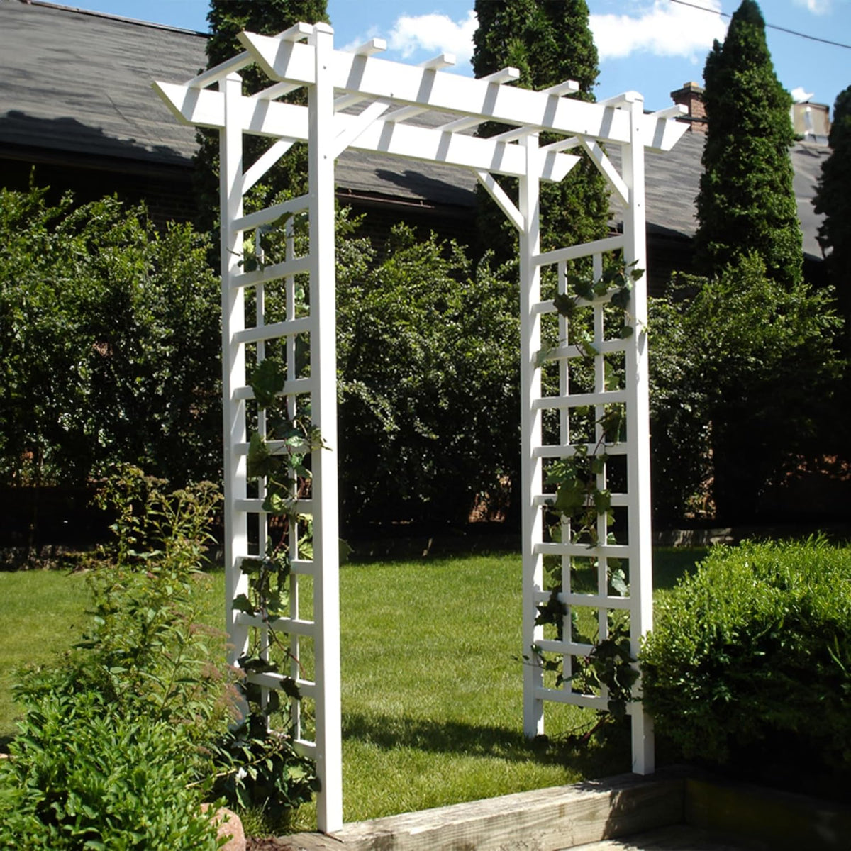 Dura-Trel Providence Arbor, Vinyl Garden Archway for Outdoors, 64" x 85", White - Backyard