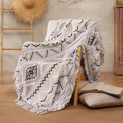 CASAAGUSTO Boho Throw Blanket - Beige and Gray Decorative Blankets with Tassel, Printed Flannel