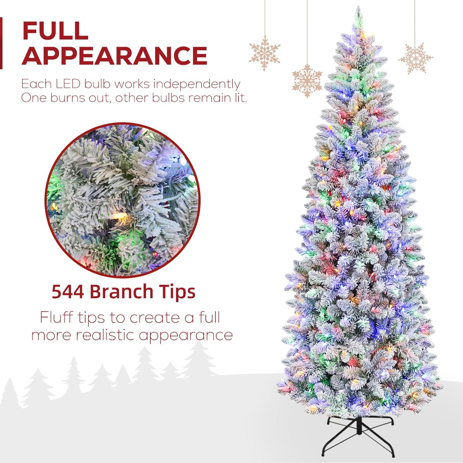 Hykolity 6 ft Prelit Snow Flocked Pencil Slim Christmas Tree, 544 PVC Branch Tips, 200 Color