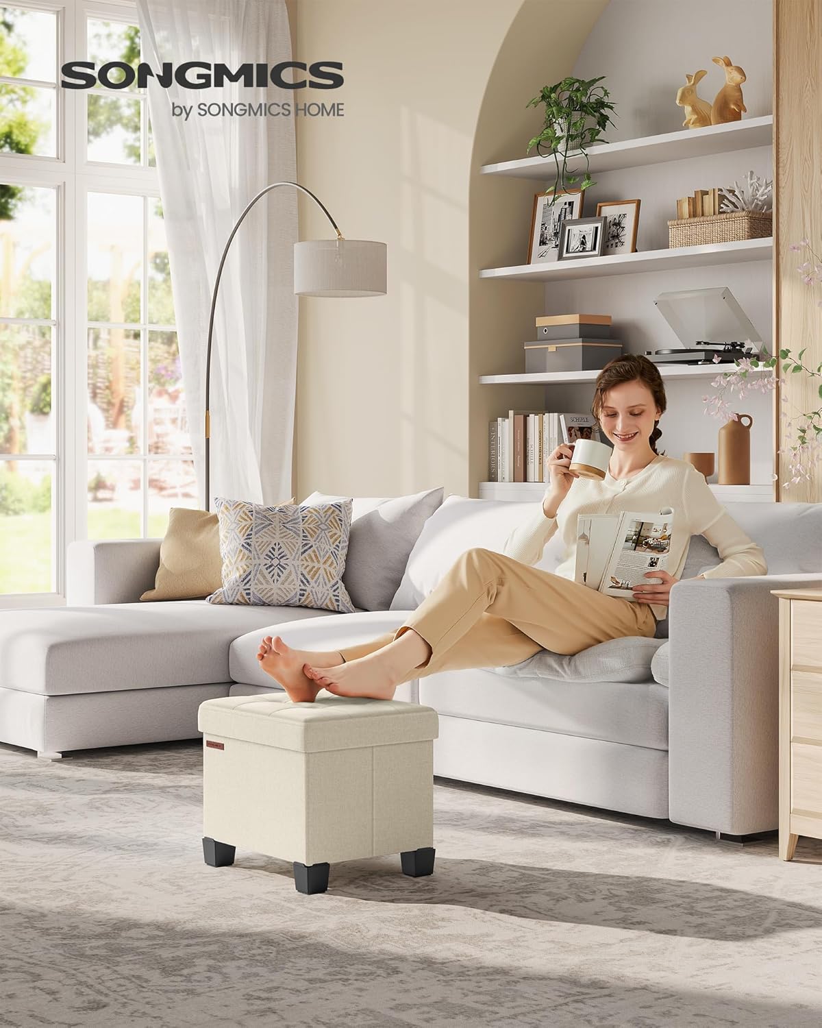 SONGMICS Storage Ottoman, Small Ottoman Foot Rest with Legs, 12.6 x 15.8 x 13.2 Inches Foot Stool