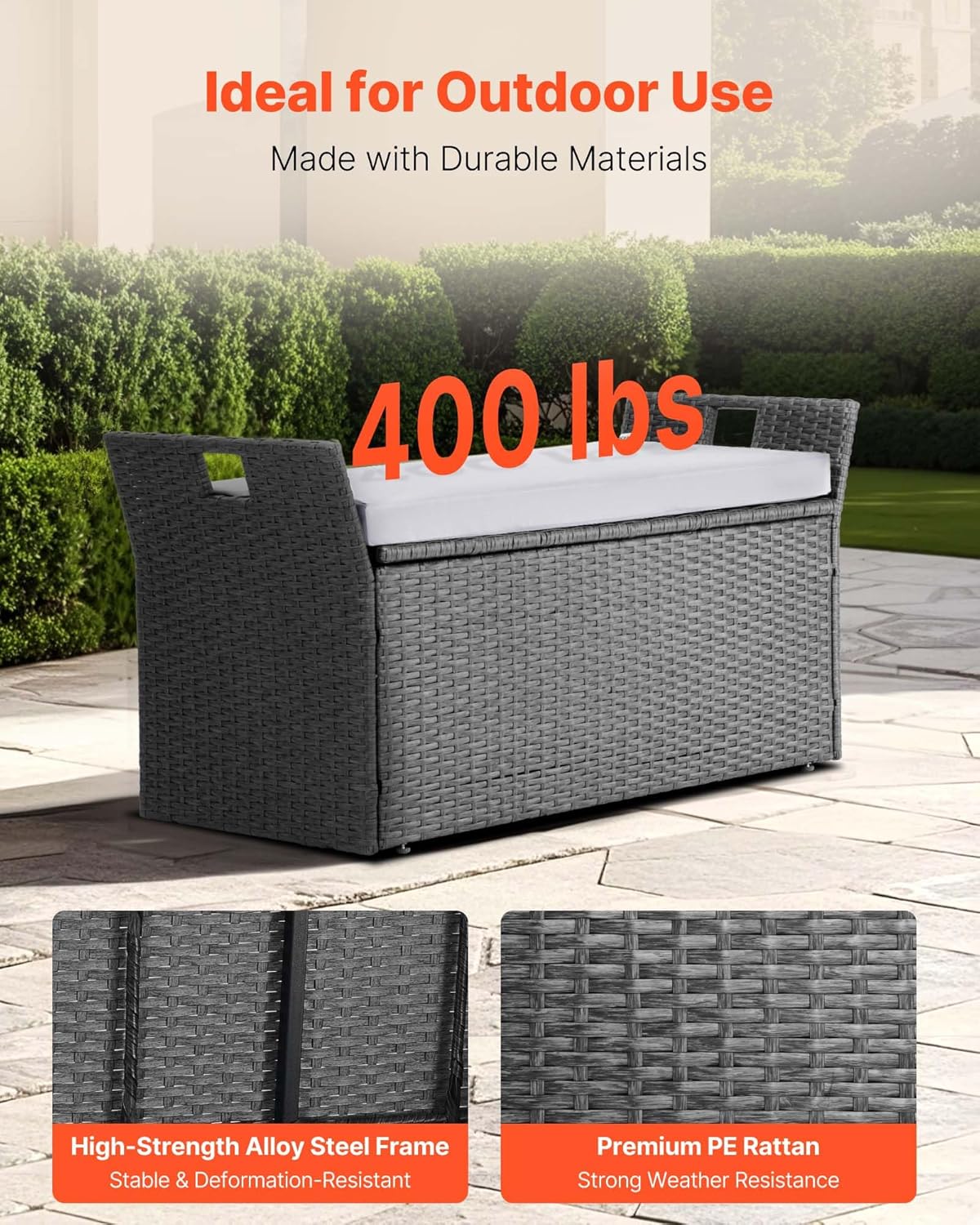 VEVOR Outdoor Storage Bench, 2-Person PE Rattan Storage Bench, 40 Gal Deck Box with Cushion & Side