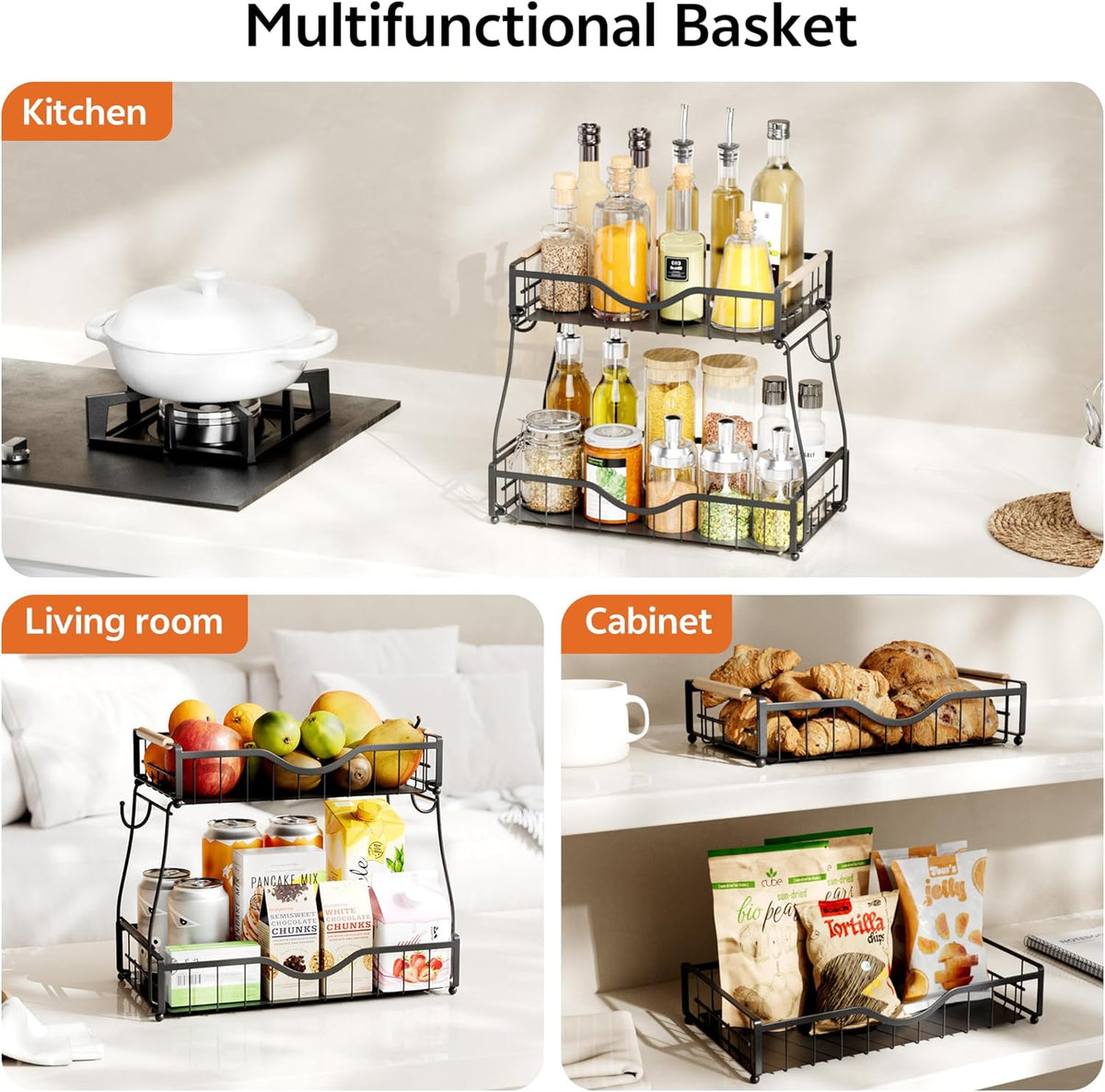 2 Tier Fruit Basket with 2 Banana Hangers, Fruit Bowl for Kitchen Countertop with 2 Wooden Handle