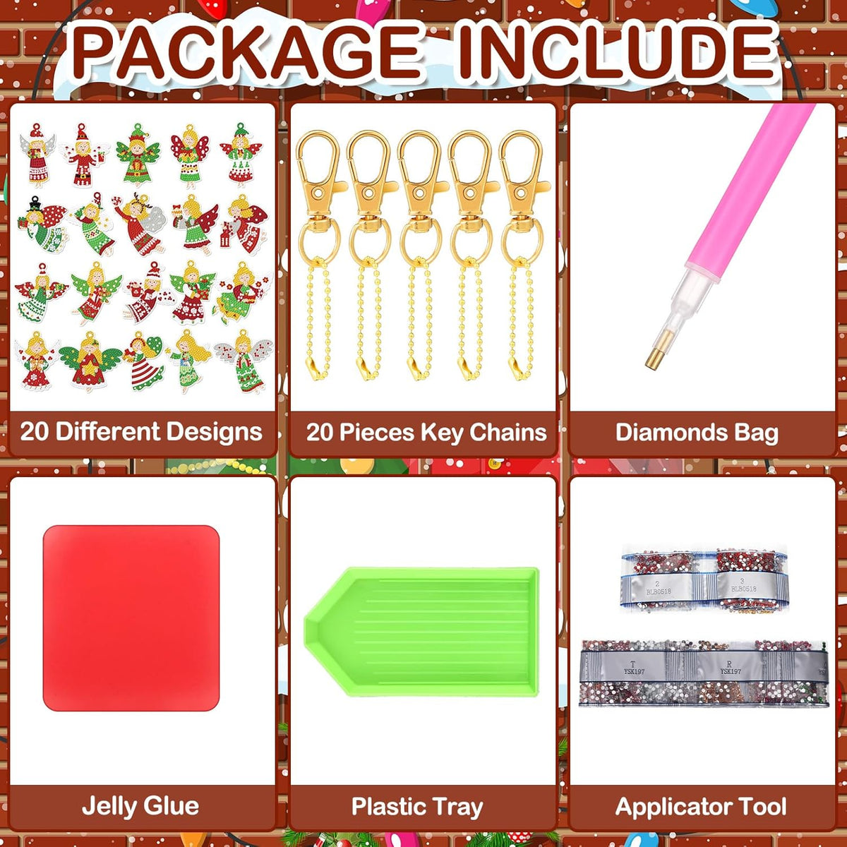 Tondiamo 20 Pcs Christmas Diamond Painting Keychain Kits 5D DIY Diamond Art Pendants Double Sided