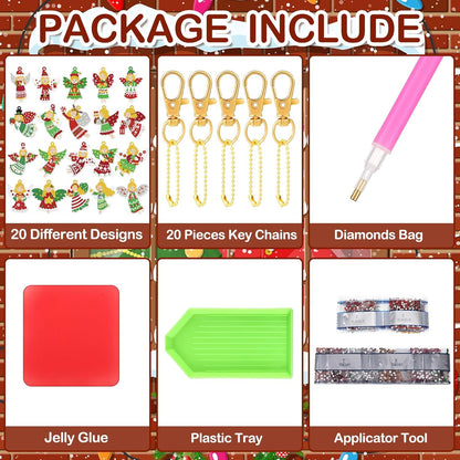 Tondiamo 20 Pcs Christmas Diamond Painting Keychain Kits 5D DIY Diamond Art Pendants Double Sided