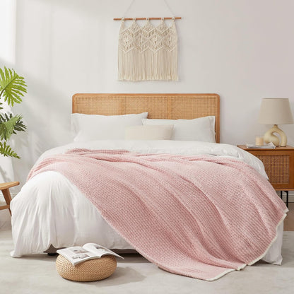 Snuggle Sac Pink Waffle Throw Blanket for Couch Bed Sofa 60x80 inches, Reversible Pink Blanket