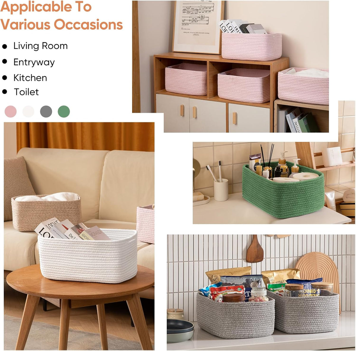 OIAHOMY 4 Pack 14.17*11.02*6.3IN Storage Baskets for Organizing Shelves, Woven Rope Baskets for