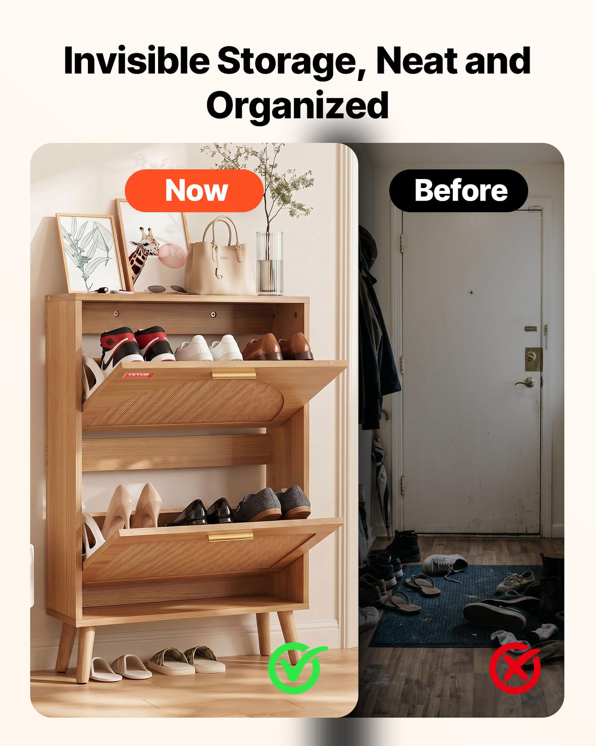 VEVOR Shoe Cabinet with 2 Flip Drawers, Shoe Storage Cabinet for Entryway, Free Standing Shoe