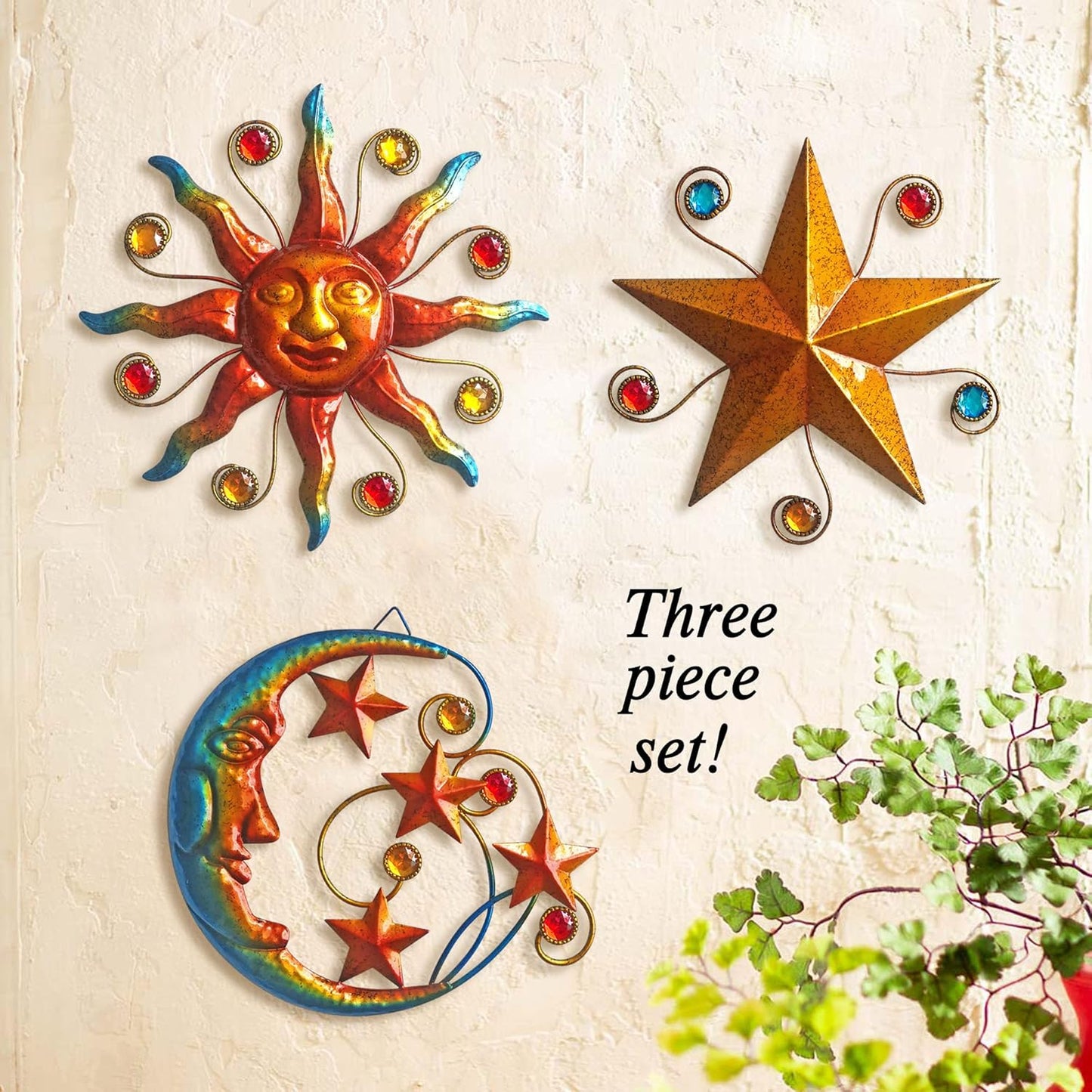 Limygus Metal Wall Art Sculpture, Set of 3 - Celestial Wall Decoration - Sun Moon Star Decorative