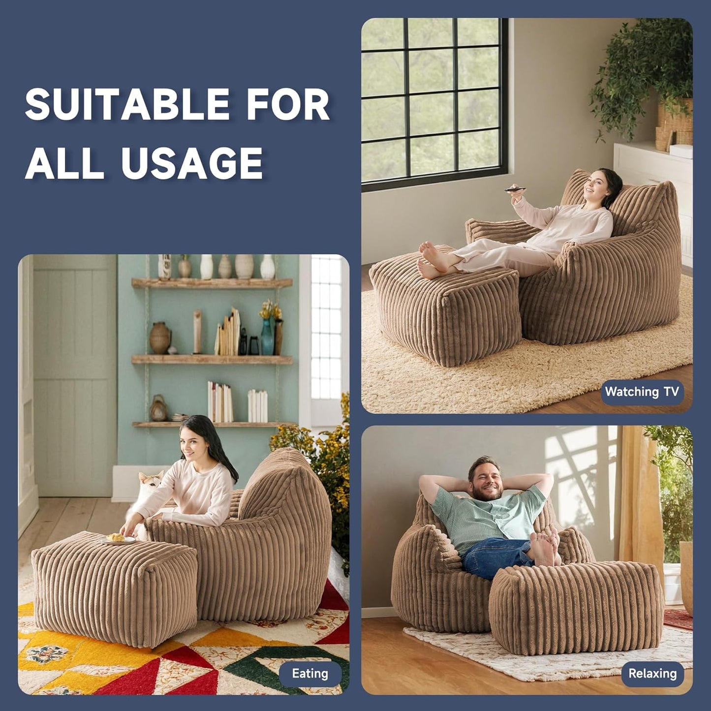 Giant Bean Bag Chairs for Adults, Oversized Chaise Lounge Chair Indoor with Memory Foam - Plush