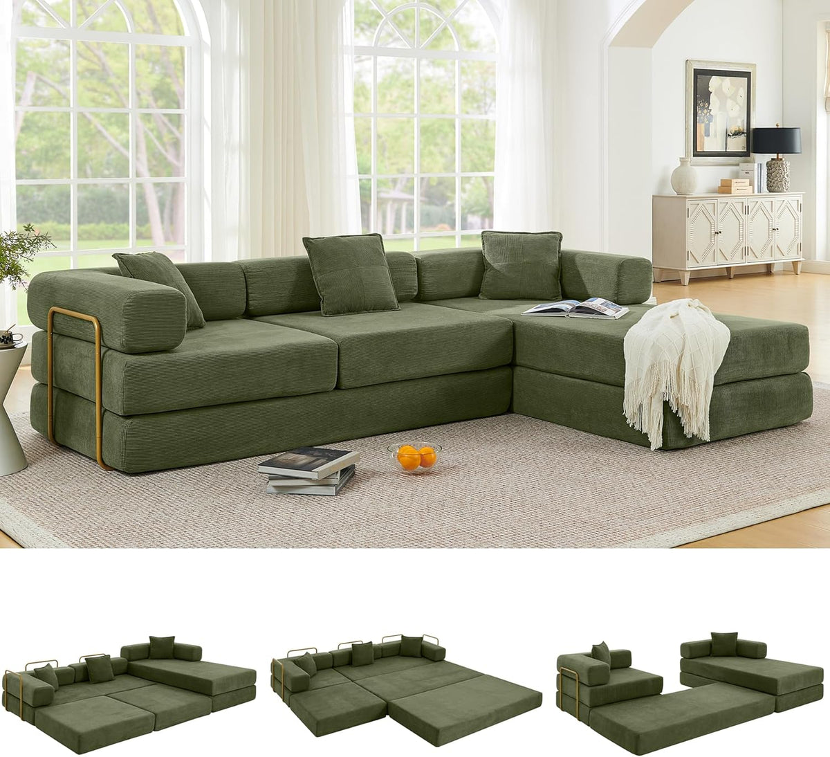 108" Oversized Convertible Sleeper Sofa Bed, Corduroy L Shape Sectional Couch, Folding Sofa Bed