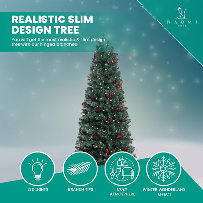 Naomi Home Belen 7.5ft Pencil Christmas Tree Prelit pre-Decorated with Pine Cones, Red Berries