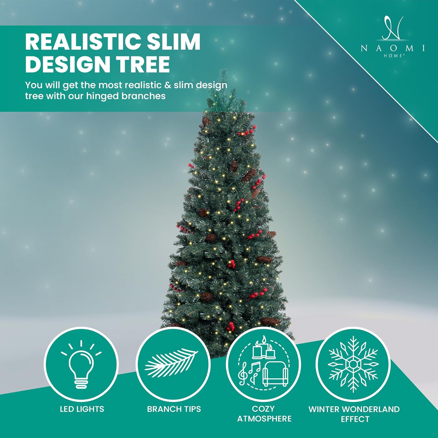 Naomi Home Belen 9ft Pencil Christmas Tree Prelit pre-Decorated with Pine Cones, Red Berries, 1457