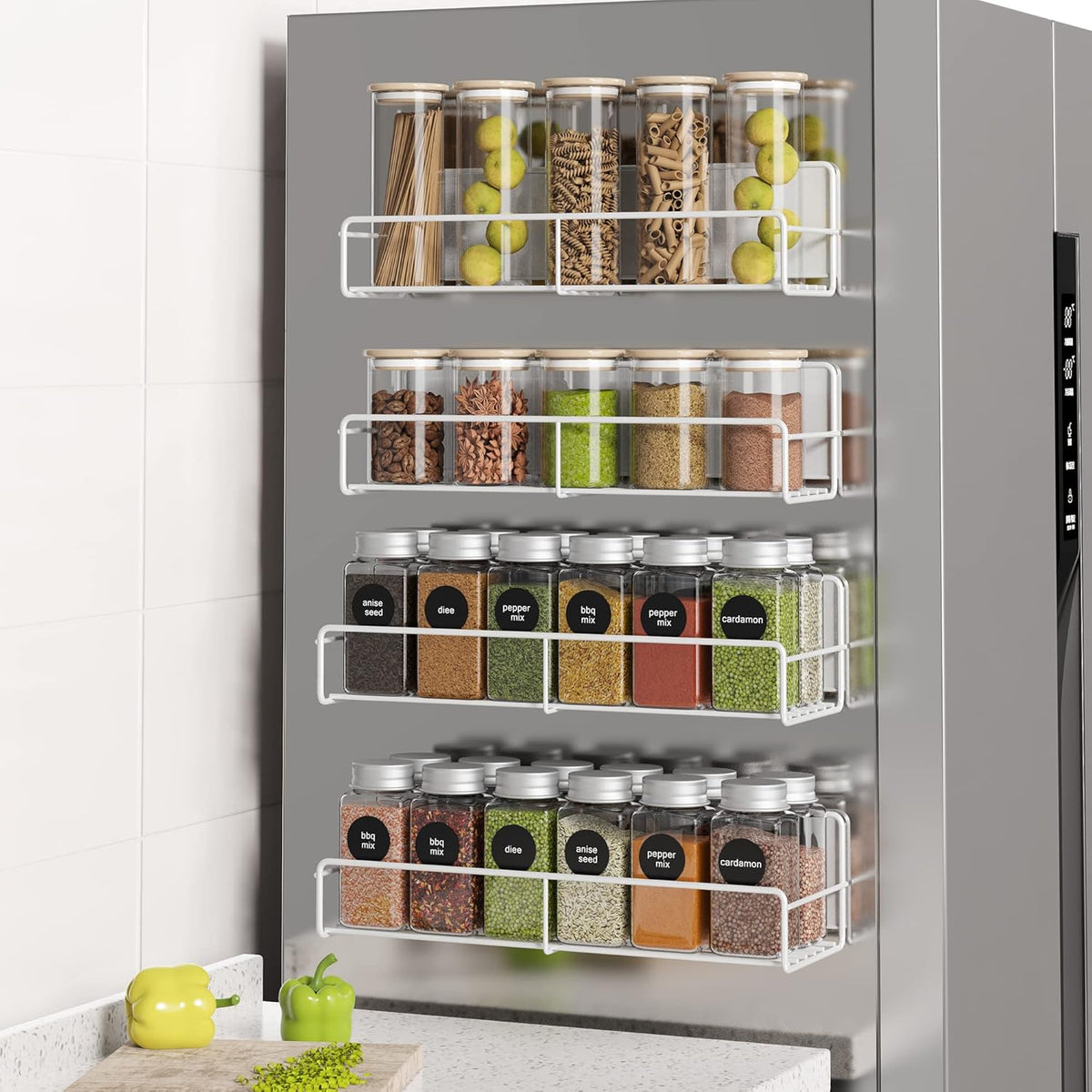 4 Pack Magnetic Spice Rack Organizer, Space Saver for Refrigerator and Microwave Oven, Metal Fridge