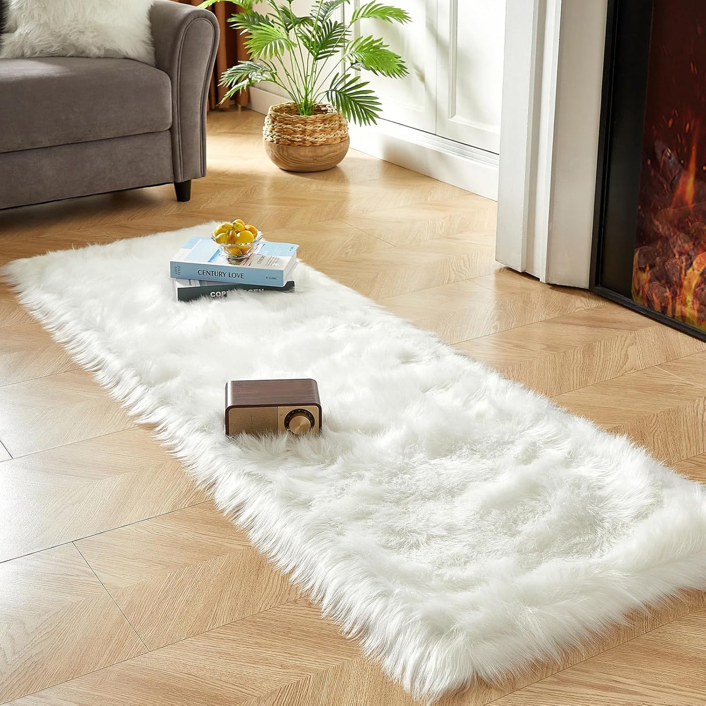 AMTOVO Faux Fur Rug, White Ultra Soft Fluffy Shag Sheepskin Rug, 2 x 6 ft Runner Area Rugs for