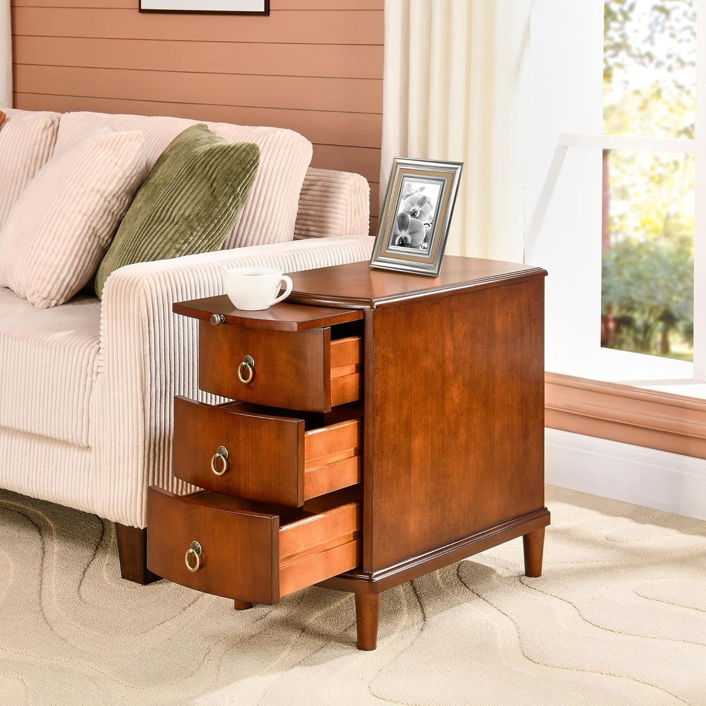 PADMA HOUSE Solid Wood End Table with 3 Drawers, Fully Assembled Nightstand with Sliding Shelf