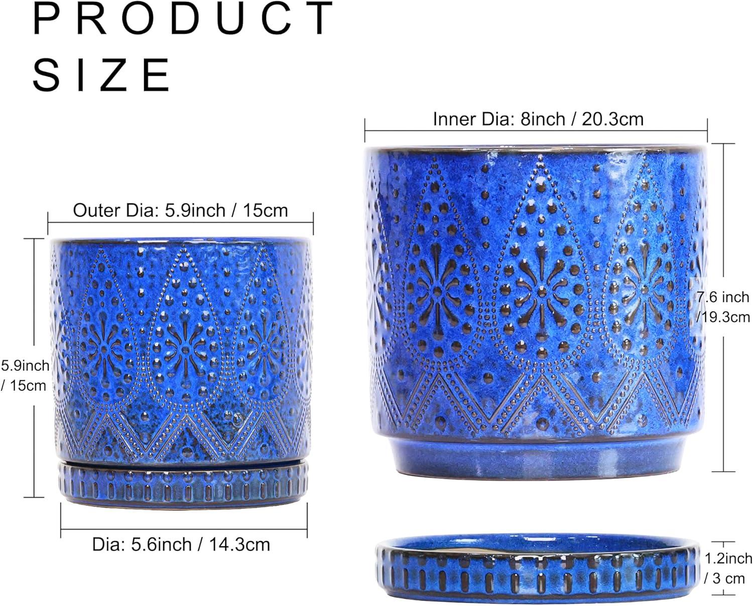 8 Inch + 6 Inch Indoor Plant Pot with Drainage Holes and Saucers, Ceramic Planter for Plants