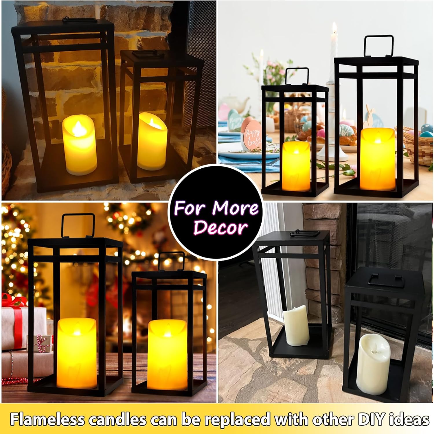 Modern Farmhouse Lantern Decor, 2Pcs Metal Candle Lanterns with Flameless Candles Black Decorative