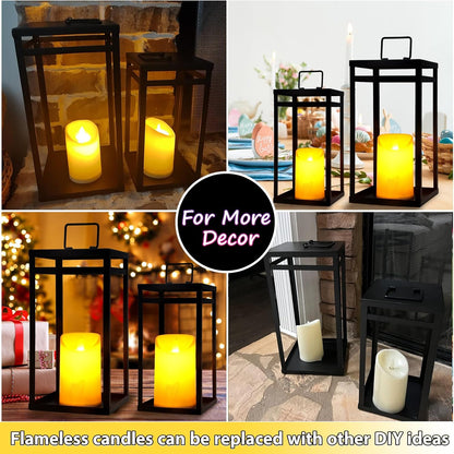 Modern Farmhouse Lantern Decor, 2Pcs Metal Candle Lanterns with Flameless Candles Black Decorative