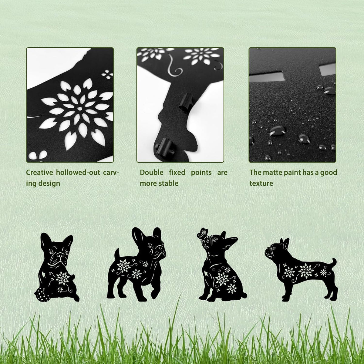 4 Pack Bulldog Metal Garden Decorative Stakes, Weather Proof Puppy Silhouette Statues for Yard