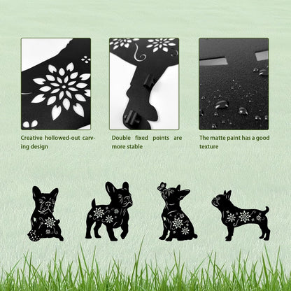 4 Pack Bulldog Metal Garden Decorative Stakes, Weather Proof Puppy Silhouette Statues for Yard