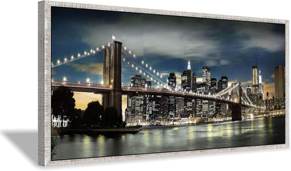 Framed Brooklyn Bridge Wall Art: Large Size New York Cityscape Skylines Night Scene Modern Picture