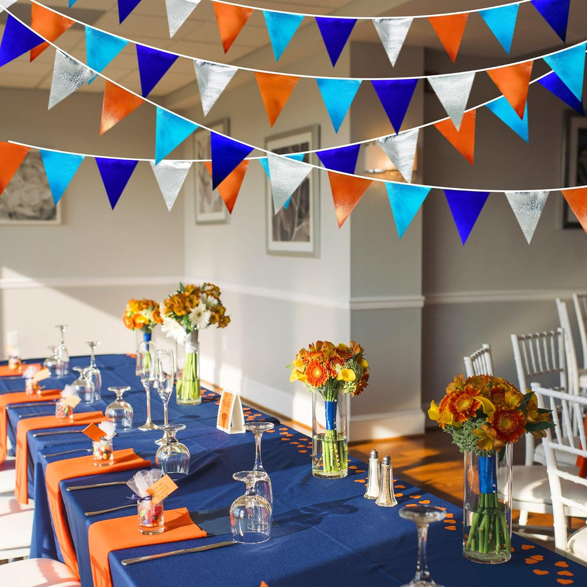 Orange Blue Silver Party Decorations Metallic Fabric Triangle Pennant Banner Flag Bunting Garland
