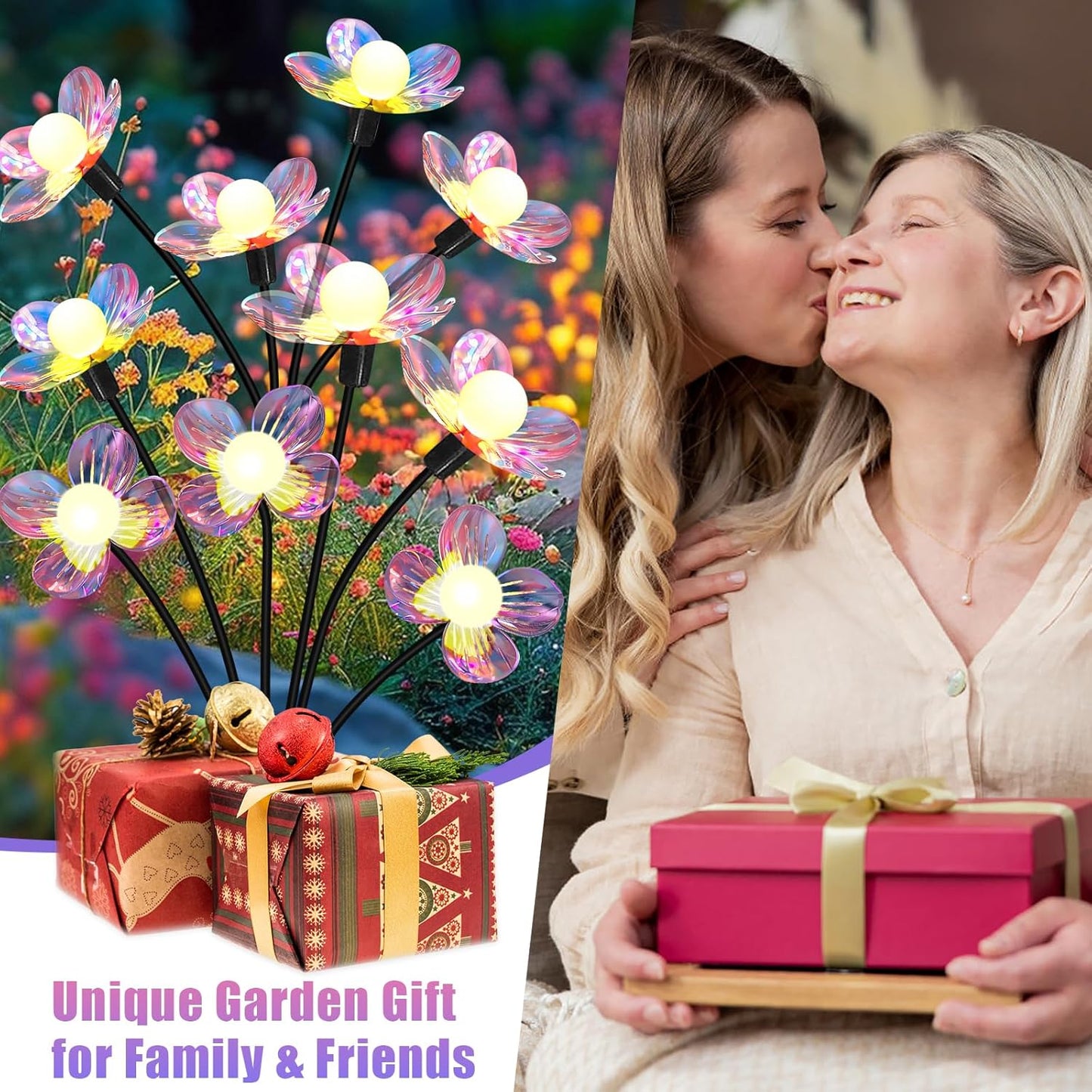 Solar Garden Lights Outdoor, New Upgraded 4-Pack Firefly Solar Lights with Iridescent Petals & Warm
