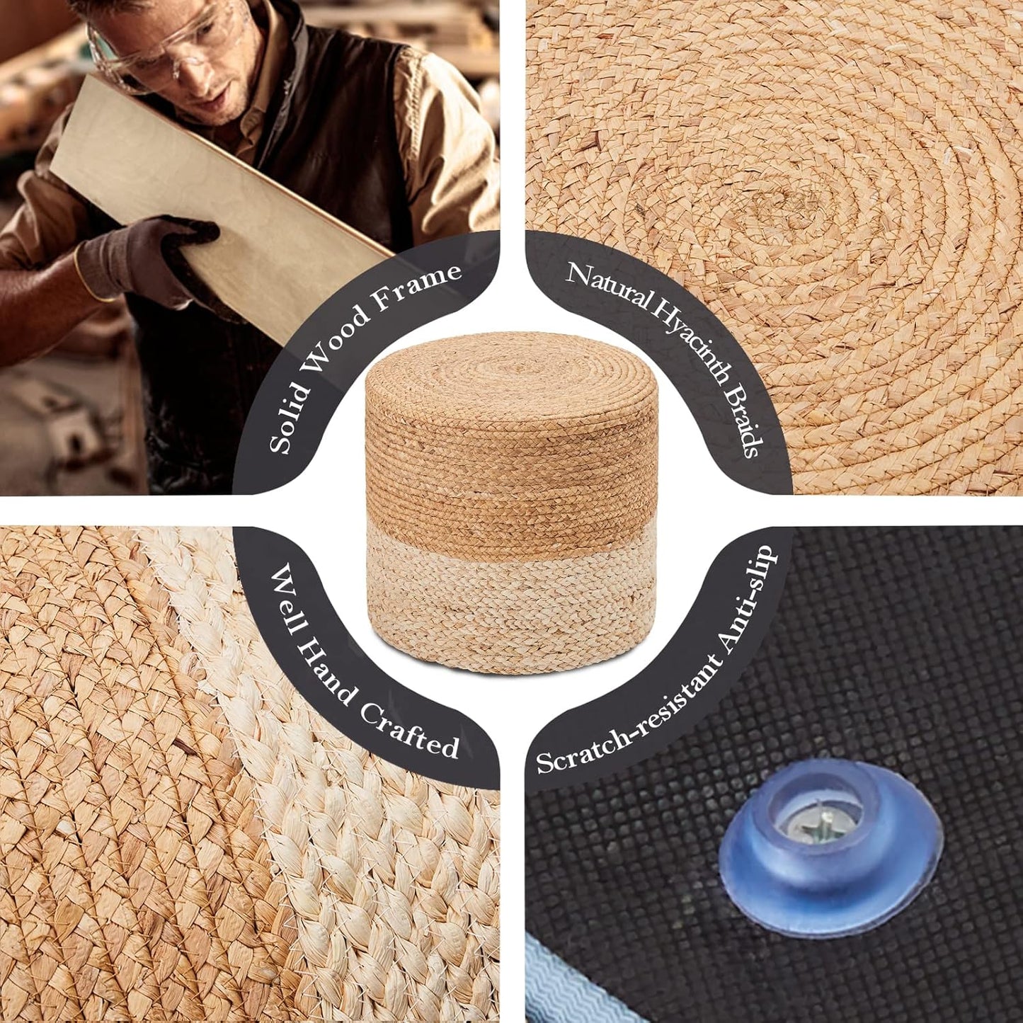 Wimarsbon 18'' Pouf Ottoman, Natural Braided Poof, Round Poufs, Rustic Handweave Lounge Pouffe