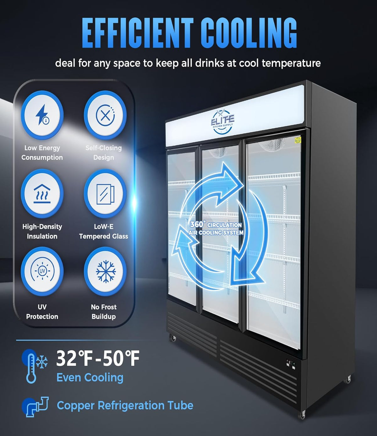 Commercial 3-Door Display Refrigerator, 49.8 cu.ft, LED Lighting, Dynamic Cooling, ETL Listed