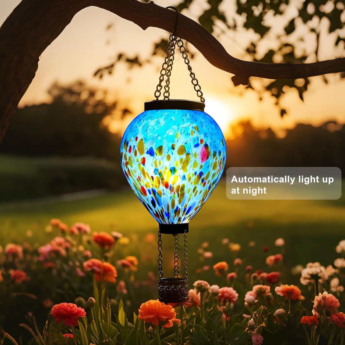 VOREEN Solar Hot Air Balloon Glass Lantern – Hand Blown Multicolor Glass Outdoor Hanging Light